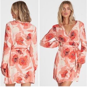 Billabong RUFFLED WRAP long sleeve multicolor floral mini dress Vneck SM